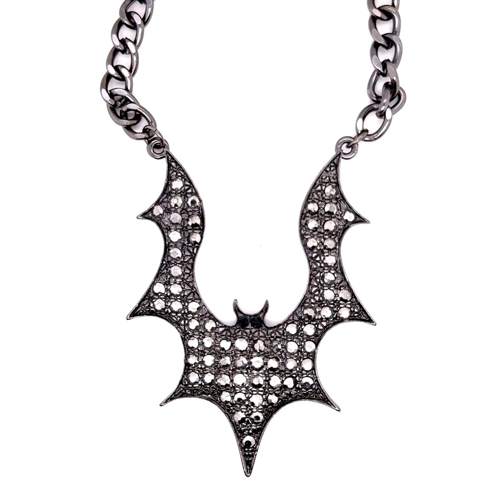 Gothic Crystal Bat Pendant Necklace Gunmetal Tone Curb Chain Halloween Jewelry